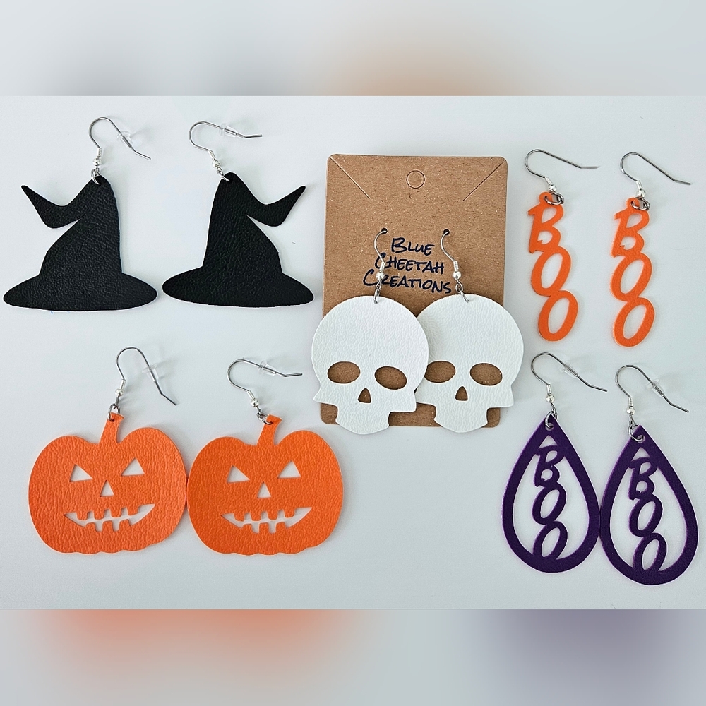 New halloween pumpkin faux leather earrings, orange, black, purple, white